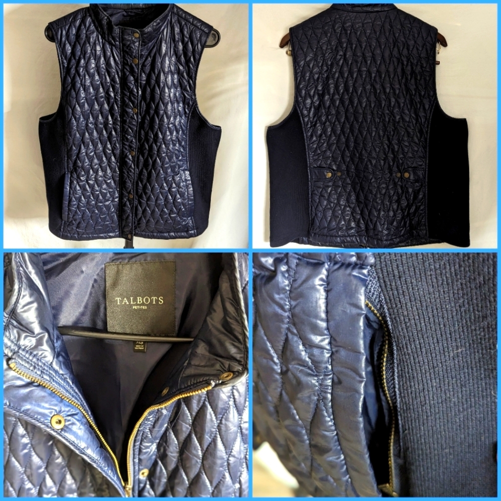 Talbots wet look quilted navy blue zip up vest sz XL Petite zip side pockets